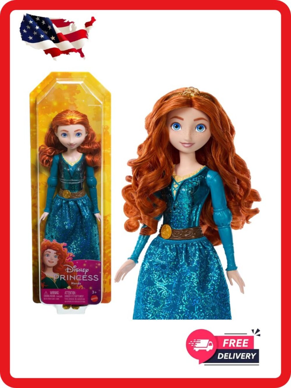 Mattel Disney Princess Merida Doll Sparkling Fashion Outfit Removable Dress Toy